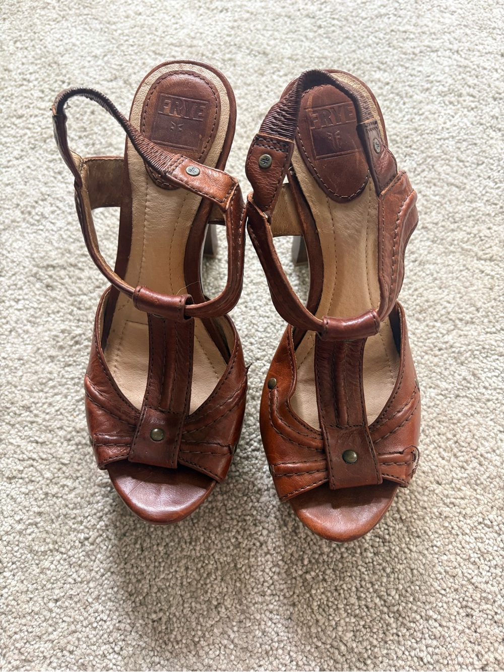 Frye Brown Leather T-Strap Heeled Sandals